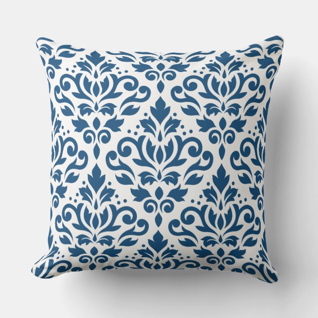 Scroll Damask Lg Ptn Dk Blue on White Throw Pillow (Front)