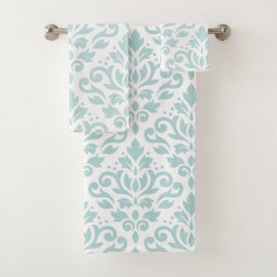 Scroll Damask Lg Ptn Lt Duck Egg Blue on White Bath Towel Set
