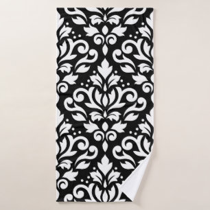 Scroll Damask Lg Ptn White on Black Bath Towel