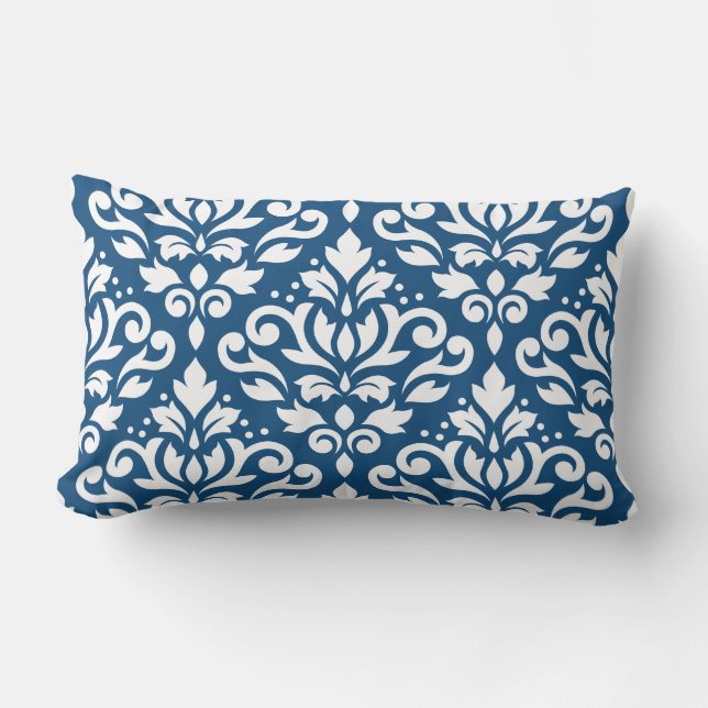 Scroll Damask Lg Ptn White on Dk Blue Lumbar Pillow (Front)