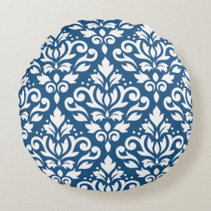 Scroll Damask Lg Ptn White on Dk Blue Round Pillow