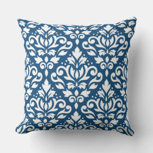 Scroll Damask Lg Ptn White on Dk Blue Throw Pillow