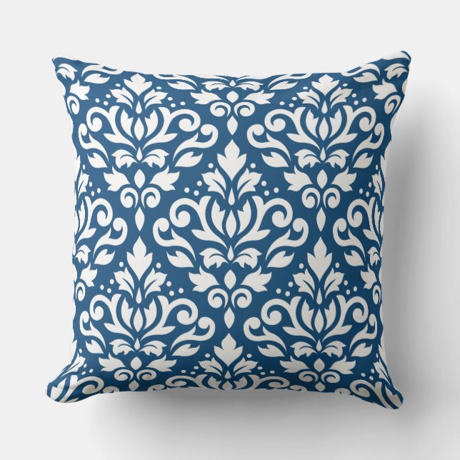Scroll Damask Lg Ptn White on Dk Blue Throw Pillow (Front)
