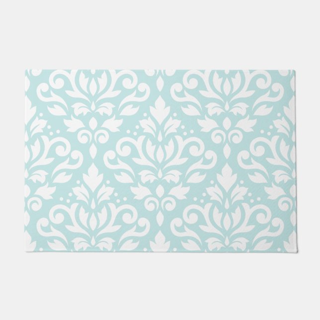 Scroll Damask Lg Ptn White on Duck Egg Blue Doormat (Front)