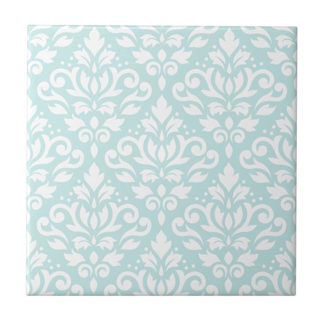 Scroll Damask Lg Ptn White on Duck Egg Blue Tile (Front)
