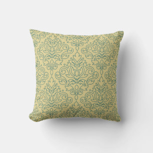 Scroll Damask Line Big Pattern Teal on Gold Throw Pillow