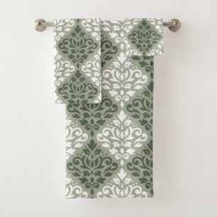 Scroll Damask Mixed Pattern Green White Lt Green Bath Towel Set