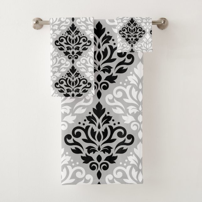 Scroll Damask Mixed Size Ptn B&W on Grey Bath Towel Set (Insitu)