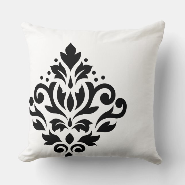Scroll Damask Off-set I Black on White Throw Pillow (Front)
