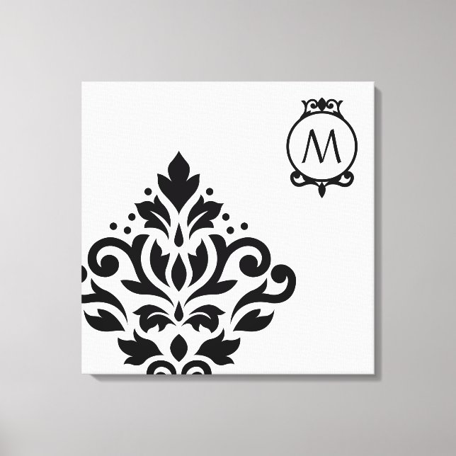 Scroll Damask Off-set I (Initial Ornate) BW Canvas Print (Front)