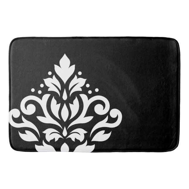 Scroll Damask Off-set I White on Black Bath Mat (Front)