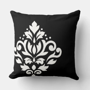Scroll Damask Off-set I White on Black Throw Pillow
