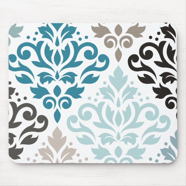 Scroll Damask Offset Ptn Art Teals Browns White Mouse Pad (Front)