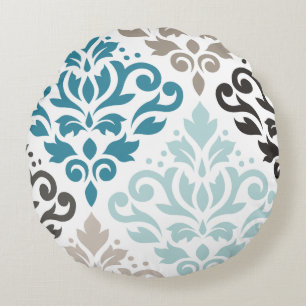 Scroll Damask Offset Ptn Art Teals Browns White Round Pillow