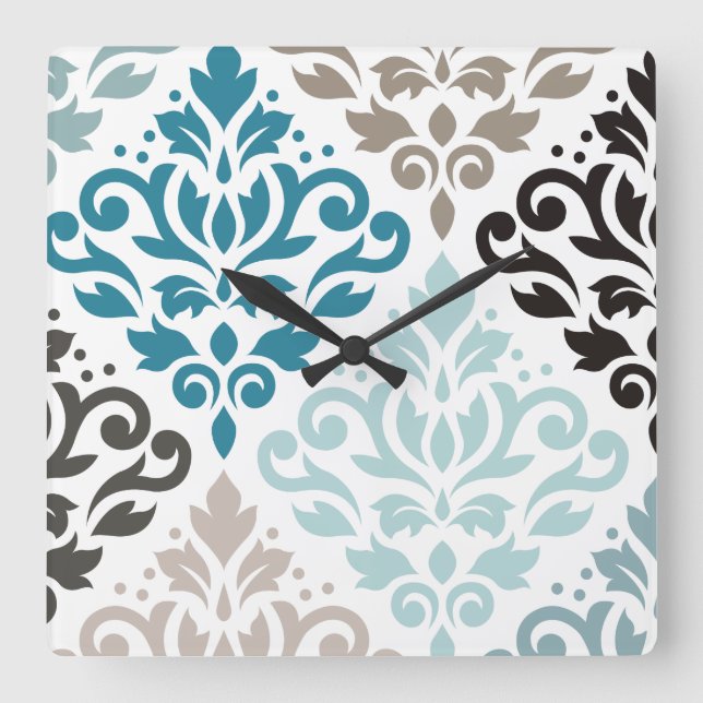 Scroll Damask Offset Ptn Art Teals Browns White Square Wall Clock (Front)