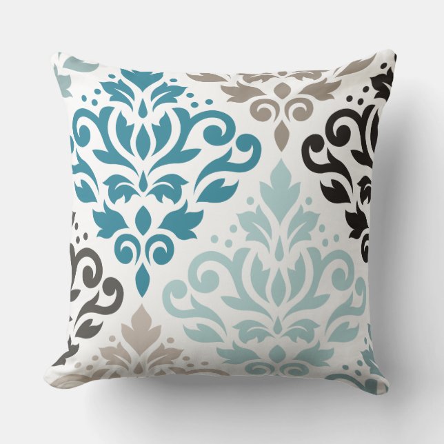 Scroll Damask Offset Ptn Art Teals Browns White Throw Pillow (Front)
