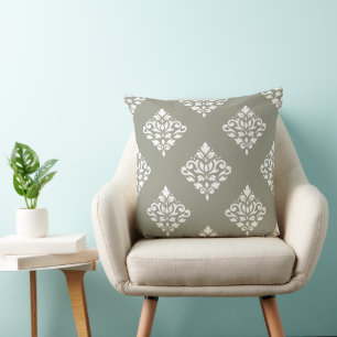 Scroll Damask Pattern (B) White on Green Throw Pillow