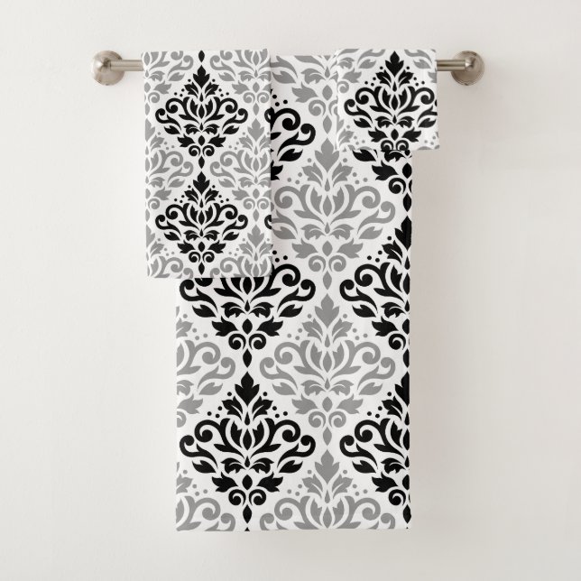 Scroll Damask Pattern Black Grey White Bath Towel Set (Insitu)