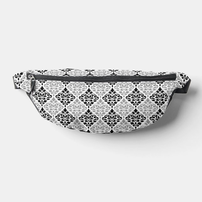 Scroll Damask Pattern Black Grey White Fanny Pack (Lay Down)