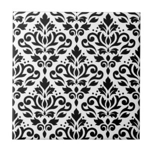 Scroll Damask Pattern Black on White Tile