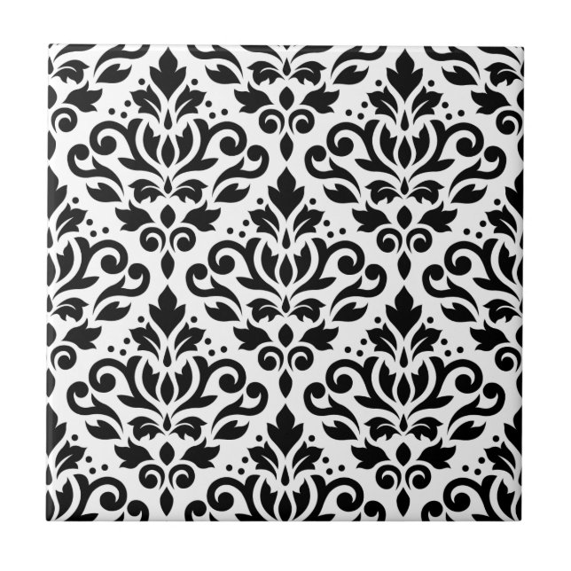 Scroll Damask Pattern Black on White Tile (Front)