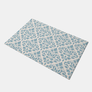 Scroll Damask Pattern Blue on Cream Doormat