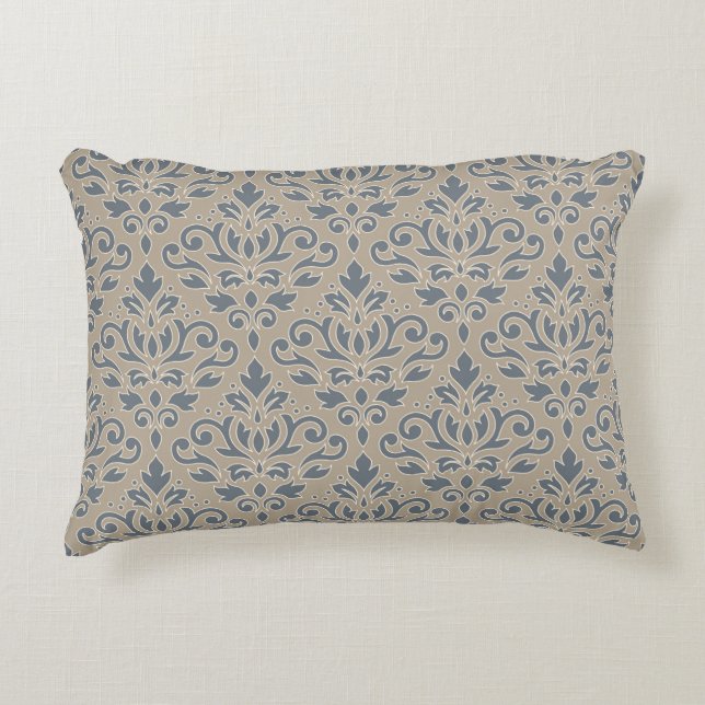 Scroll Damask Pattern Cream Line Blue Sand Accent Pillow (Front)
