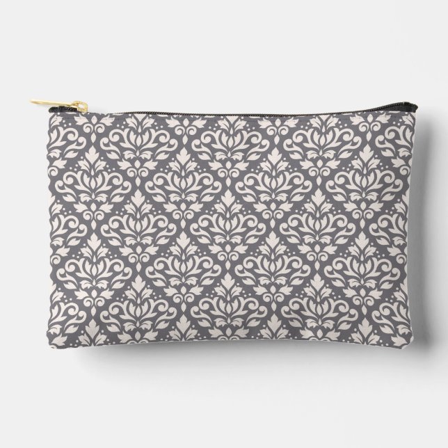 Scroll Damask Pattern Cream on Grey Accessory Pouch (Front)