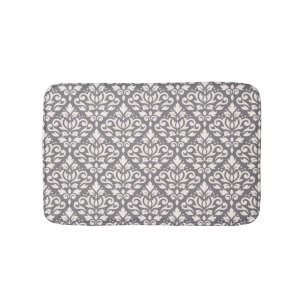 Scroll Damask Pattern Cream on Grey Bath Mat