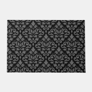 Scroll Damask Pattern Grey on Black Doormat