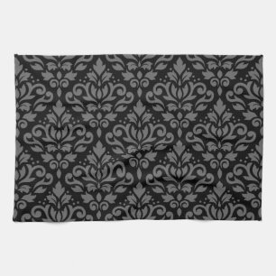 Scroll Damask Pattern Grey on Black Kitchen Towel
