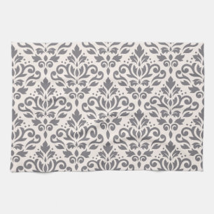 Scroll Damask Pattern Grey on Cream Kitchen Towel