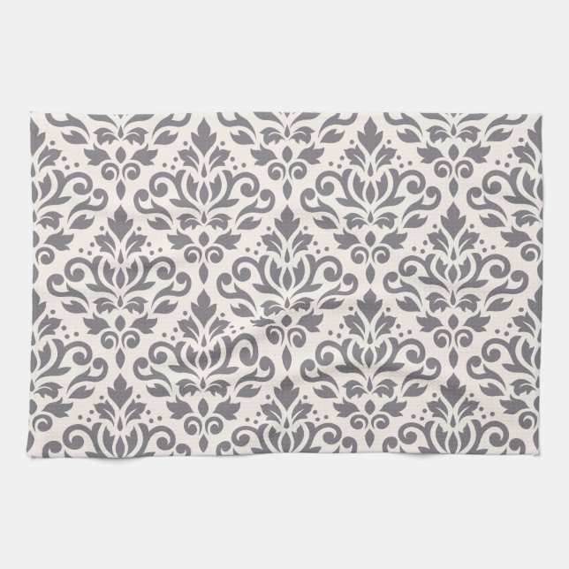 Scroll Damask Pattern Grey on Cream Kitchen Towel (Horizontal)