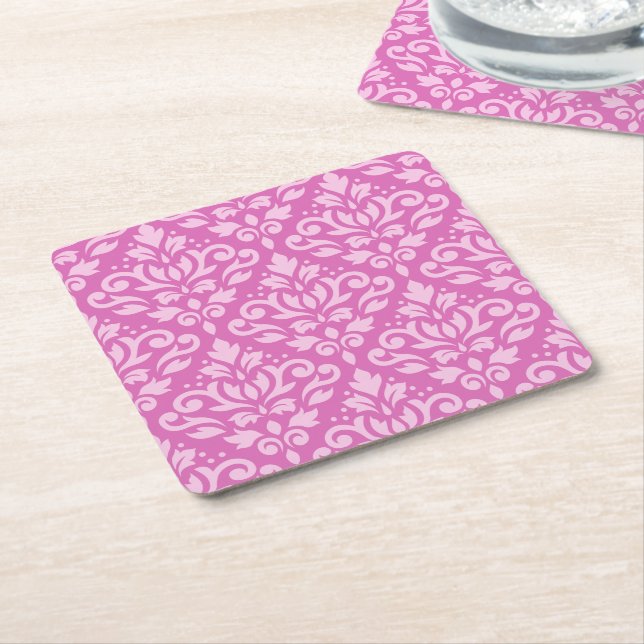 Scroll Damask Pattern Light on Dark Pink Square Paper Coaster (Angled)
