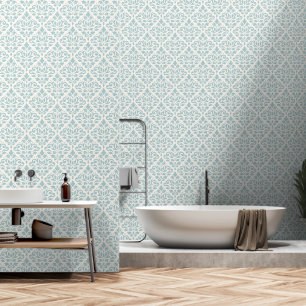 Scroll Damask Pattern Light Teal on Cream Wallpaper