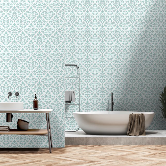 Scroll Damask Pattern Light Teal on White Wallpaper (Bathroom)
