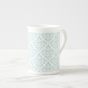 Scroll Damask Pattern Lt Duck Egg Blue on White Bone China Mug