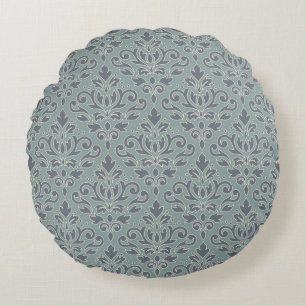 Scroll Damask Pattern (outline) Cream Blues Teal Round Pillow