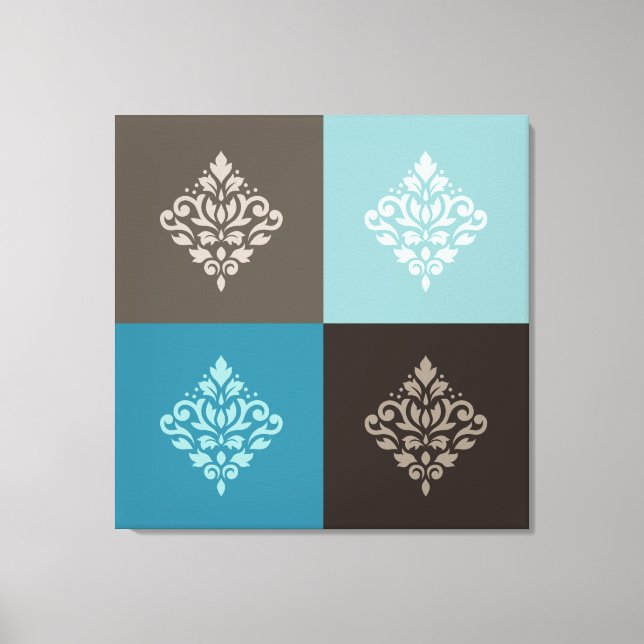 Scroll Damask Pattern Squares Teals Browns White Canvas Print (Front)