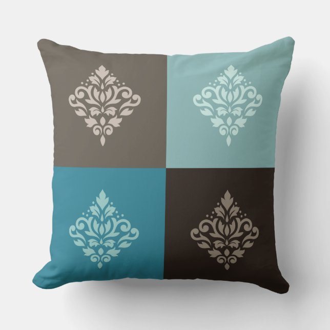 Scroll Damask Pattern Squares Teals Browns White Throw Pillow (Front)