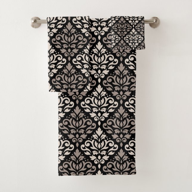 Scroll Damask Pattern Taupe Cream Black Bath Towel Set (Insitu)