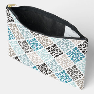 Scroll Damask Pattern Teals Browns White Accessory Pouch