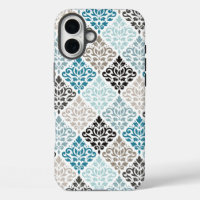 Scroll Damask Pattern Teals Browns White