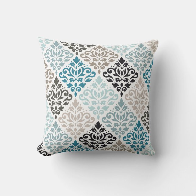 Scroll Damask Pattern Teals Browns White Throw Pillow (Front)