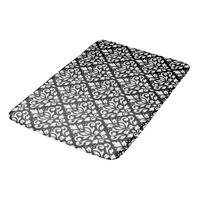 Scroll Damask Pattern White on Black Bath Mat (Angled)