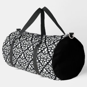 Scroll Damask Pattern White on Black Duffle Bag