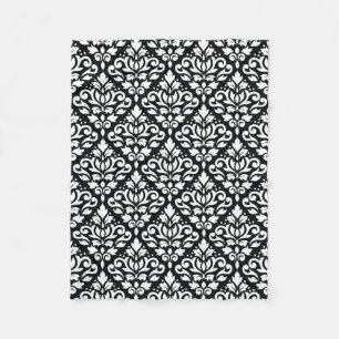 Scroll Damask Pattern White on Black Fleece Blanket