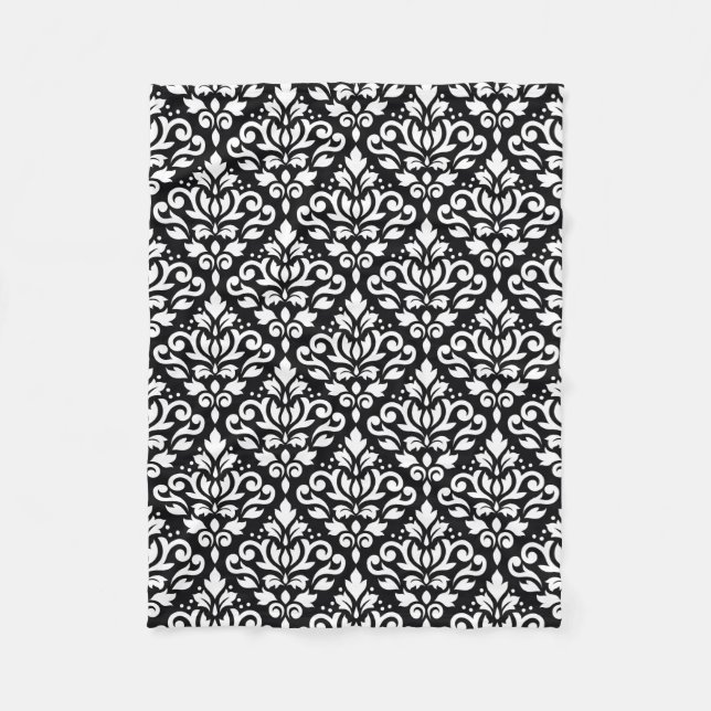 Scroll Damask Pattern White on Black Fleece Blanket (Front)