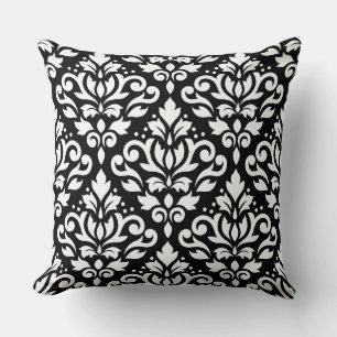 Scroll Damask Pattern White on Black Throw Pillow