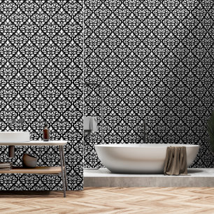 Scroll Damask Pattern White on Black Wallpaper
